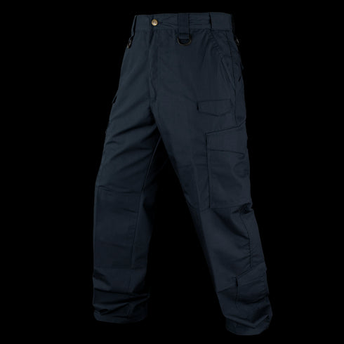 Condor Sentinel Tactical Pants in navy blue, featuring multiple pockets, belt loops, and button closure, shown against a white background.